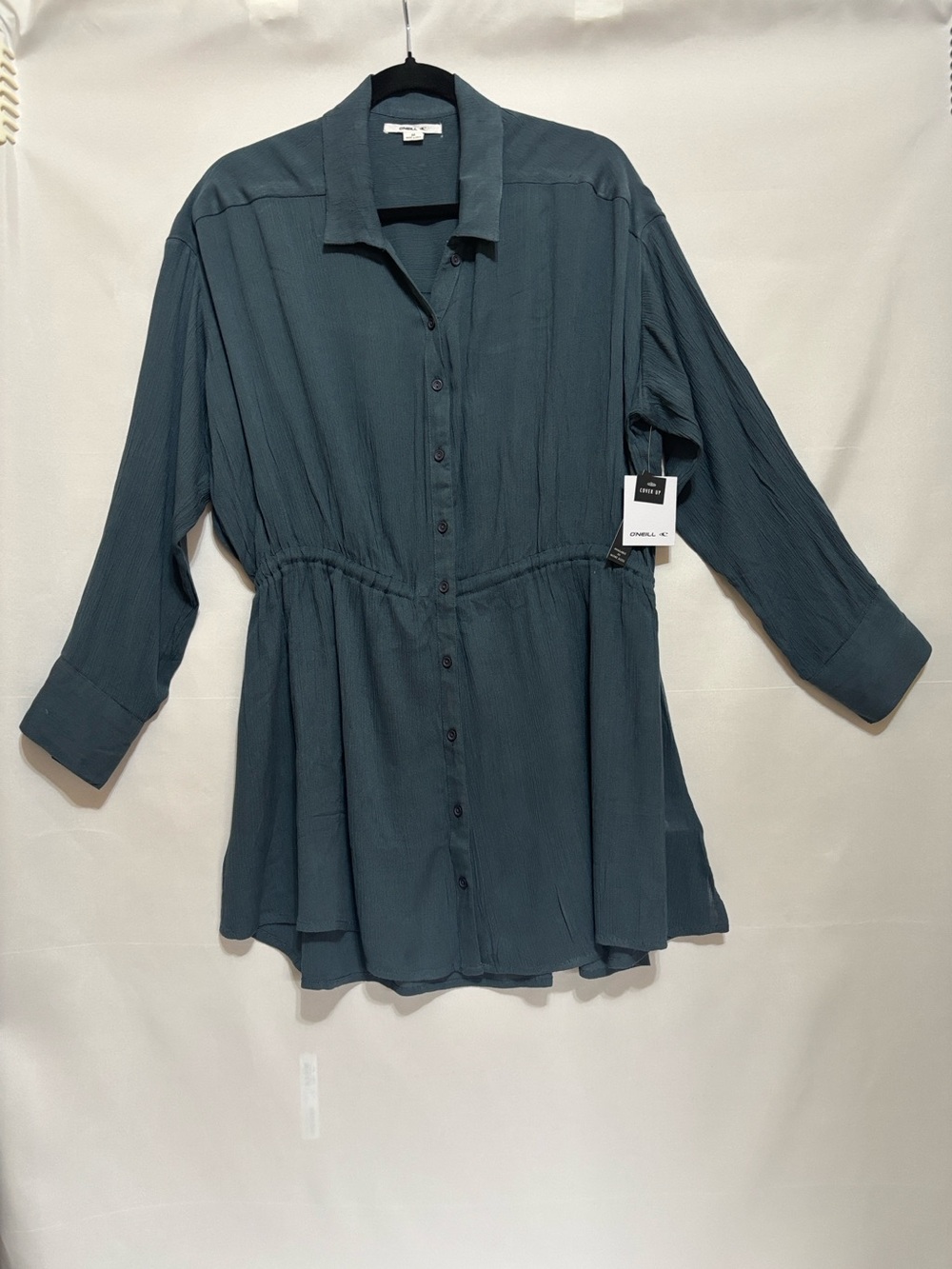 O’Neill Slate Blue Crinkle Button Down Cover Up Shirt Dress Medium NWT
